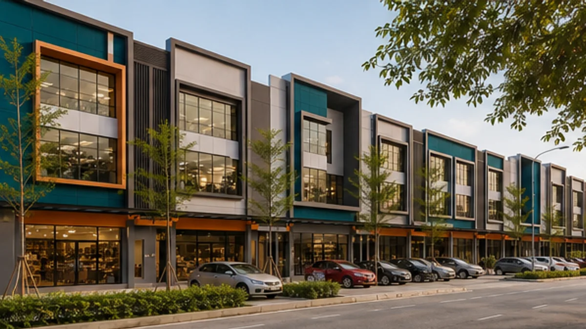 Street-facing row of modern shop offices with customer parking in Banting