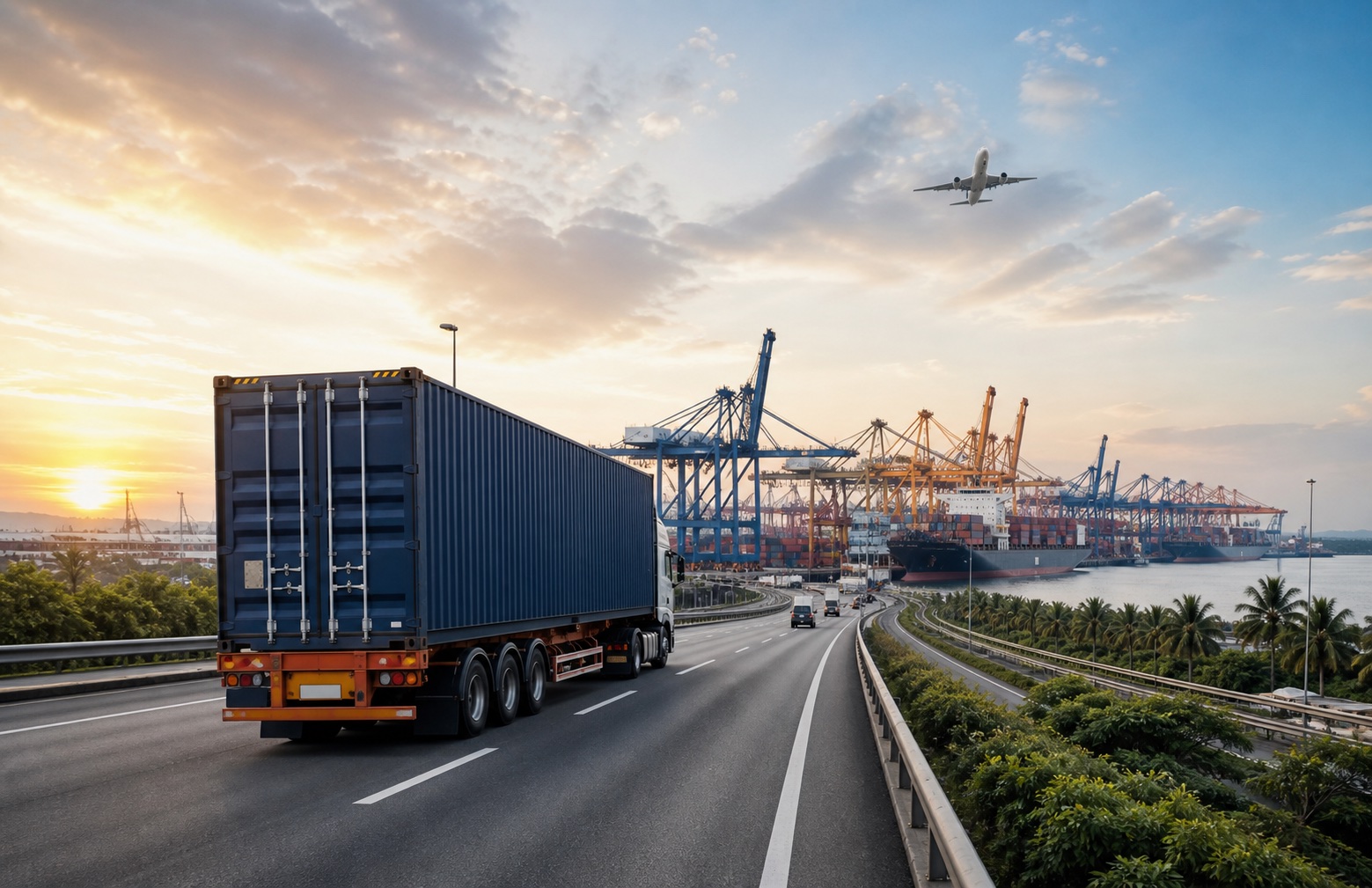 Container truck travelling towards Port Klang with port cranes and air-cargo connectivity