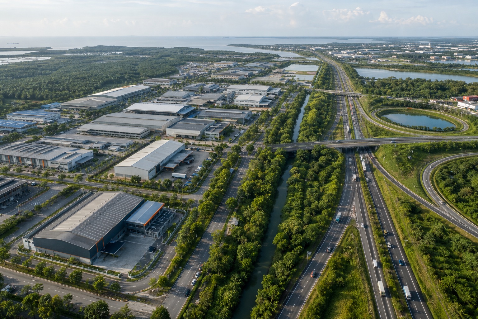 Aerial view of a Kuala Langat industrial area beside connected highways and tropical landscape