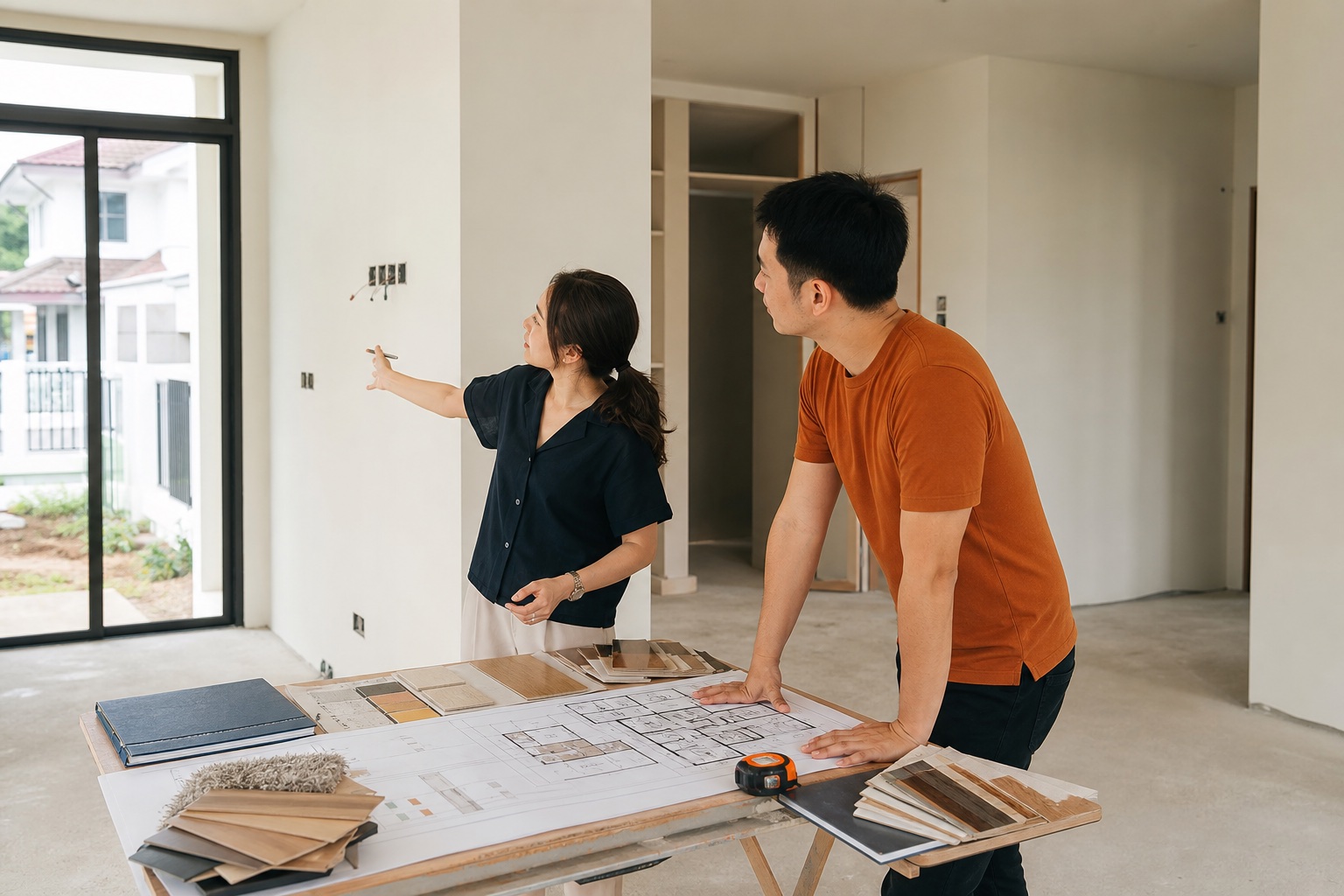Homeowner and interior designer planning power points, materials and layout before handover